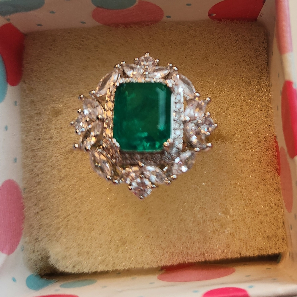 Green and Silver Man Made Emerald Ring with Diamond Halo